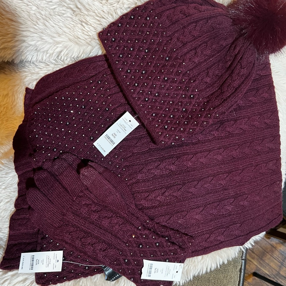 NWT White House Black Market embellished scarf, hat and gloves in port